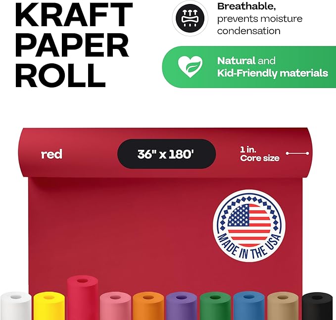 Red Kraft Paper Roll 36" x 2160" (180 feet) - USA-Made Craft Paper Roll 45 lb Thickness for Art - Red Wrapping Paper for Gift Wrapping & Moving - High-Density Roll for School by IDL Packaging