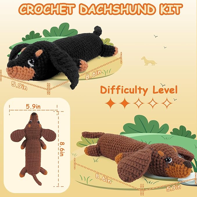 Crochet Kit for Beginners - 2 PCS Dachshund Crochet Kits with Step-by-Step Video Tutorials, Beginner Crochet Kit for Adults, Crochet Animal Kit for Kids, Dog Craft Knitting Kit