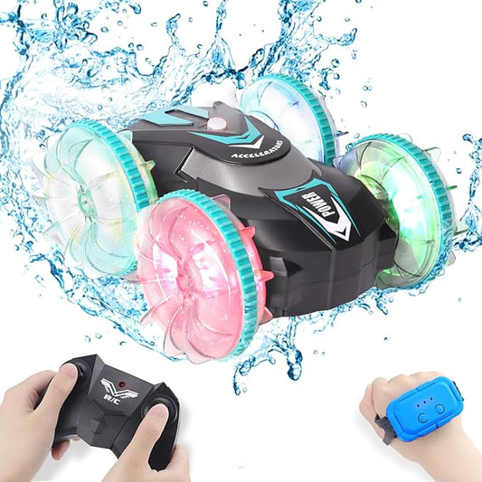 AHCo. Pool Toys Amphibious Remote Control Boat for Kids, Gesture Sensing Water RC Car for Boys Age 4-8 8-12 Year Old, Ideal Outdoor Summer Gifts & Birthday Presents, LED Wheels