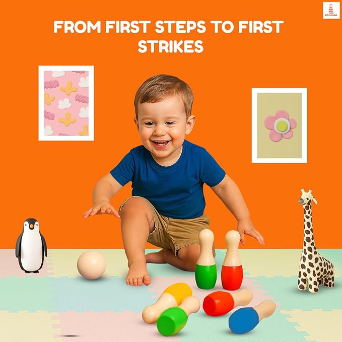 Shumee Montessori Wooden Kids Bowling Set 2+ Years, Eco-Friendly Toddler Bowling Sets with 6 Pins & Ball, Indoor/Outdoor Bowling Set for Kids, Muscle & Brain Development, 100% Child-Safe Toy
