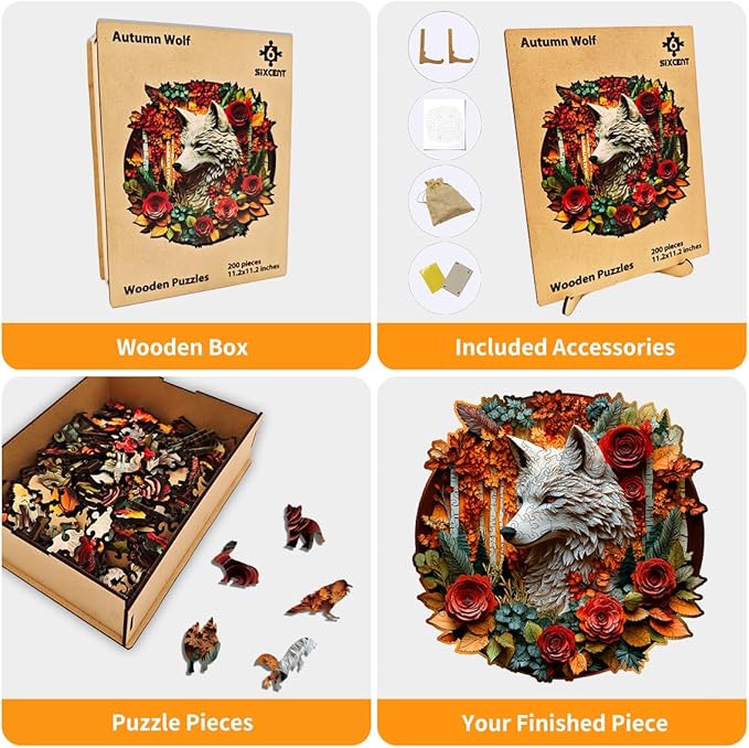 Wooden Jigsaw Puzzle, 200-500 Pieces Unique Shape Animal Puzzle, for Adults & Kids, Birthday Gift Family Game, Decorative Puzzle, Unique Gift (Autumn Wolf, 300 PCS)