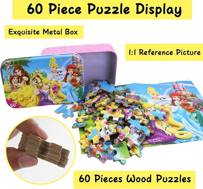 Wooden Princess Puzzles for Kids, 60 Pieces Jigsaw Puzzles in Metal Box, Educational Toys for Ages 3+ (0684, 8 Sets)