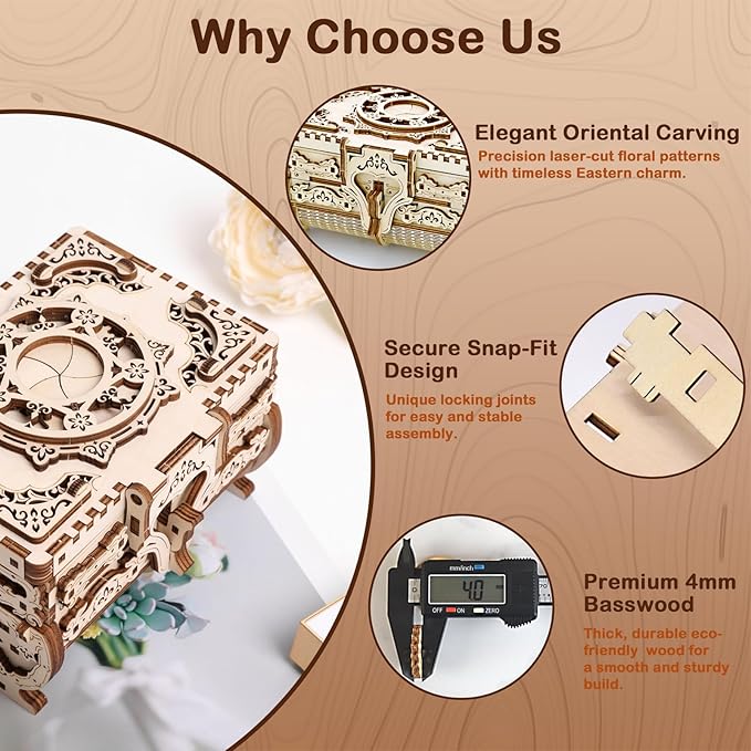3D Wooden Puzzle for Adults Jewelry Box, DIY Mechanical Treasure Case, Decorative Jewelry Storage Kit, Vintage Laser Cut Model Craft, for Christmas, Birthday