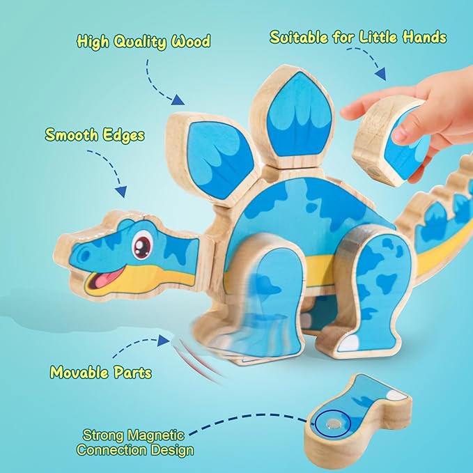 Magnetic Dinosaur Building Blocks, Wooden Dino Snap Blocks, STEM Take Apart Dinosaurs Playset, Montessori Fine Motor Skills Educational Learning Toy, Preschool Gift for 3 4 5 6 Years Kids