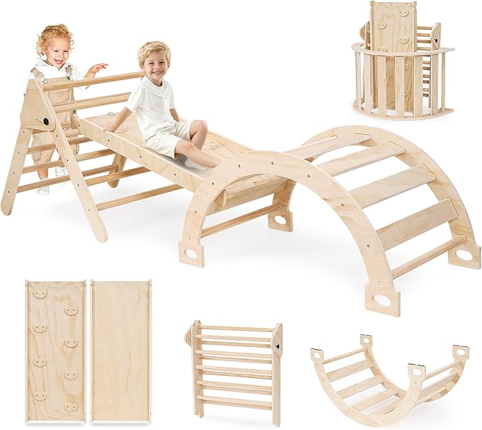 Pikler Triangle Set for Toddlers, 7-in-1 Foldable Montessori Climbing Gym with Safety Strap on Slide, Indoor Wooden Arch, Ramp, Ladder for Active Play - Natural