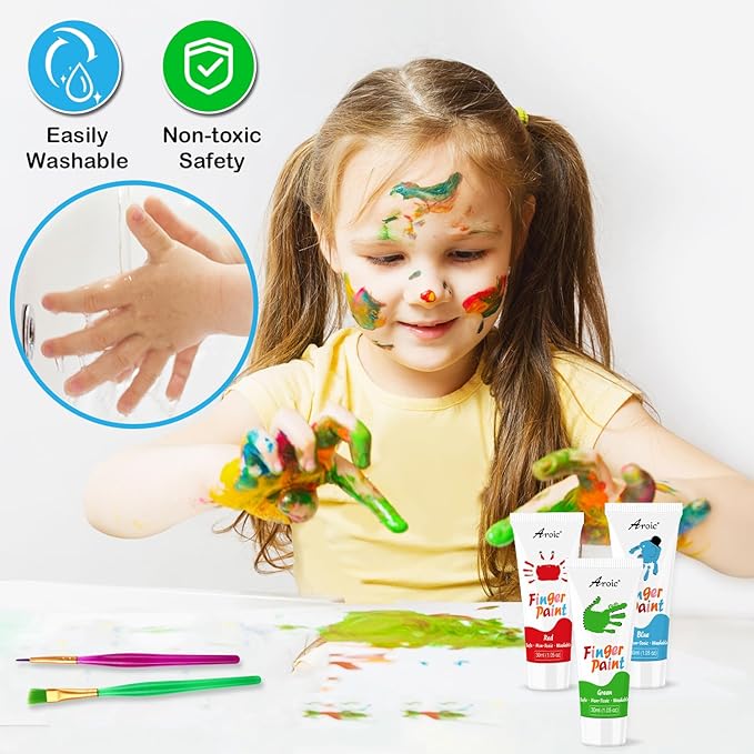 27PCS Kids Washable Finger Paint Set, 8 Colors Non Toxic Finger Paints, Finger Paint Paper, Brushes, Sponges, Art Painting Supplies for Toddlers,Finger Painting Supplies for Kids Boys Girls Gifts