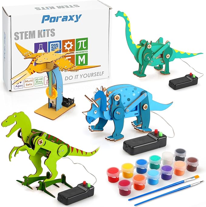 Poraxy Dinosaur Toys, 4 in 1 STEM Kits for Kids Age 8-10, Toys for Ages 8-13, Educational Science Building Projects, 3D Wooden Puzzles Robot Crafts, Gifts for Boys Girls 7 8 9 10 11 12 13 Year Old