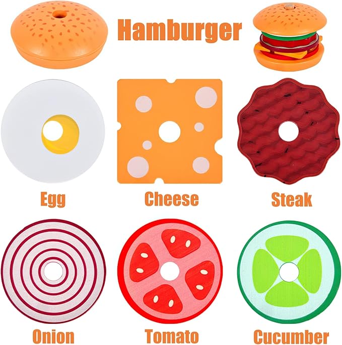 Wooden Burger Stacking Toys for Kids, Montessori Play Food for Toddlers, Educational Toys for 3+ Year Olds to Develop Fine Motor Skills