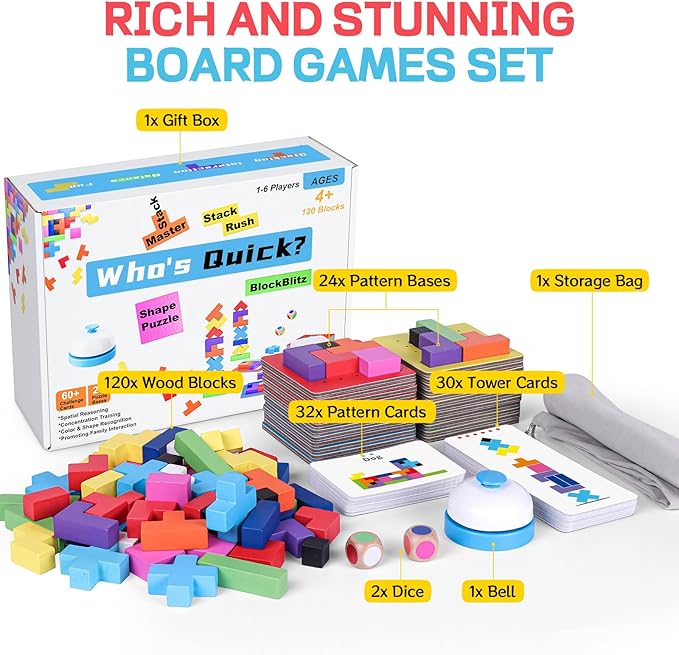 Wooden Block Game 120Pcs Fast-Paced Stacking Building Block Game Challenging Board Games for Kids 1 to 6 Players Color Block Puzzles Party Games for Ages 4+ Blue