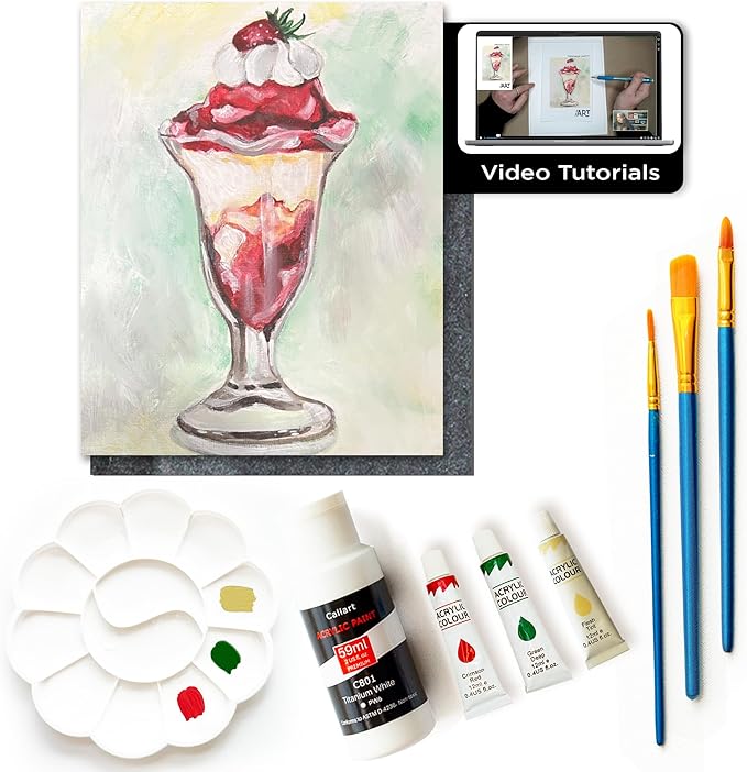 Painting4Real DIY Painting Class Kit for Adults with Video Tutorials: Learn to Paint Strawberry Sundae – How to Paint with Acrylics – Painting & Art Supplies – 9 Piece Acrylic Paint Set