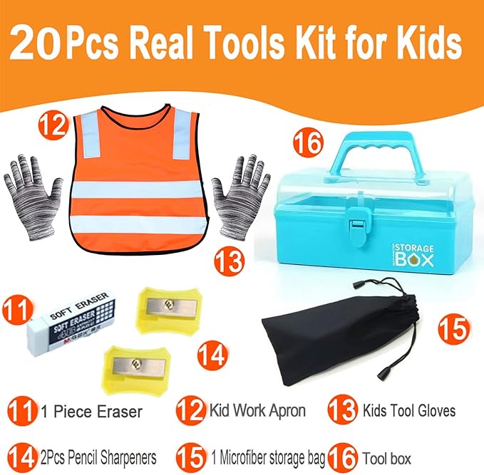 Kids Real 20Pcs Construction Tool Set with Blue Toolbox and Protective Clothing, Beginner Woodworking Tool Set, Educational Gift