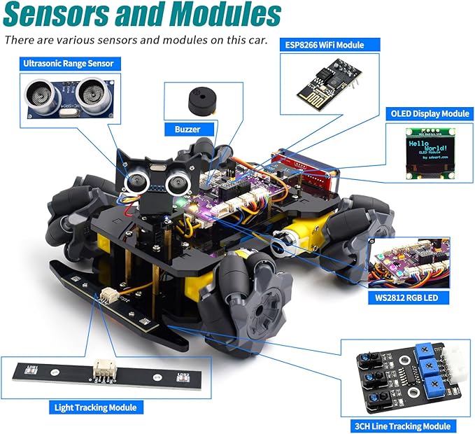 Adeept Mecanum Wheel Smart Car Kit(Compatible with Arduino IDE), Line Tracking, Light Tracing, Obstacle Avoidance, Servo Motor, OLED Display, Buzzer, LED Dot Matrix Display