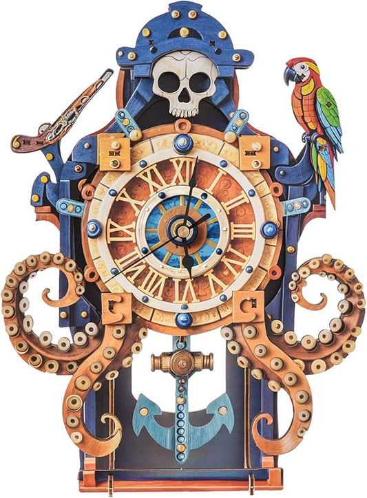 KAAYEE Octopus Pirate Skull Wooden Clock 3D Wooden Puzzle Kit – Steampunk Mechanical Wall ClockDIY Assembly Model – Wooden Puzzles Quartz Timepiece by KAAYEE