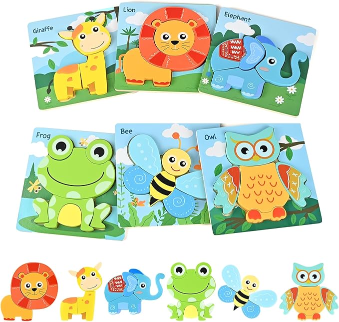 D-KINGCHY Wooden Puzzles for 3 4 5 Years Old Boys Girls, 6 Pcs Animal Jigsaw Puzzles for 3+ Years Old, Educational Preschool Learning Toys for Toddlers