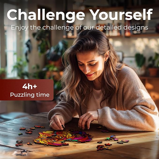 CRAFTHUB Animal Wooden Puzzles for Adults – A3 Lion with 121 Pieces – Jigsaw Puzzles with Unique Animal Shapes – 10.8" x 11.4"