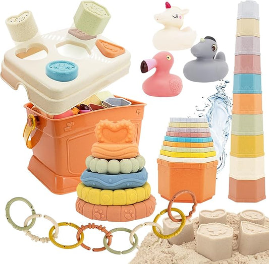 Shape Sorters Baby Toys 5 in 1 Montessori Toy for 6-48 Months Stacking Cups,Rings Toy Links,Soft Stacking Rings,Blocks Set,Soft Animals Toys Shape Sorters for Toddlers 1-3