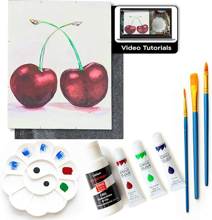 Painting4Real DIY Painting Class Kit for Adults with Video Tutorials: Learn to Paint Cherries – How to Paint with Acrylics – Painting & Art Supplies – 9 Piece Acrylic Paint Set