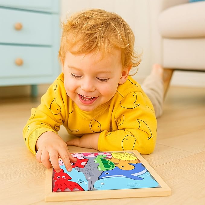 LovesTown Wooden Sea Animal Stacking Puzzles, Chunky Montessori Jigsaw Toys for Kids, Educational Preschool Learning Toys, Toddler Birthday Gifts, 12 PCS