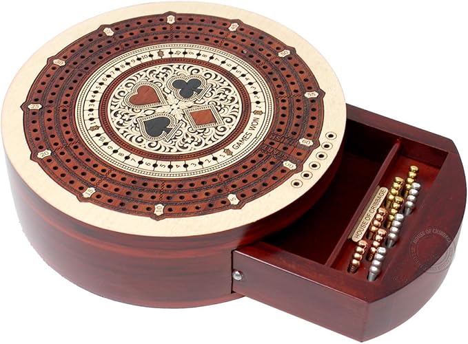 House of Cribbage - Round Shape 3 Track Non-Continuous Cribbage Board - Push Drawer Storage for Pegs and 1 Deck of Cards with Score Marking Fields for Won Games (Maple Wood/Bloodwood)