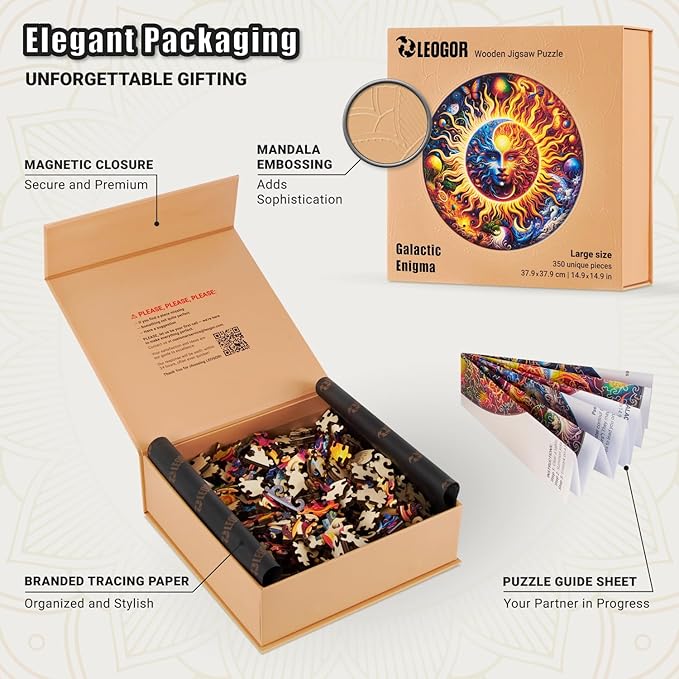 LEOGOR Wooden Jigsaw Puzzles for Adults 350 Pieces (14.9 × 14.9 in), Sun Moon Puzzle, Extra-Thick 5mm Wood, Round Mosaic Design with Unique Animal Shapes, Challenging Artistic Gift for Adults