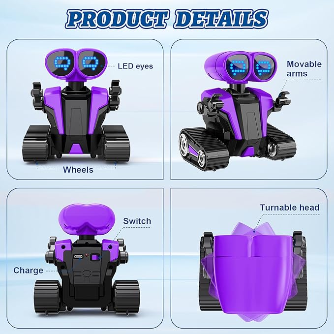 Robot Toys for Boys Girls with Auto-Demonstration Robots for Kids Remote Control Rechargeable Emo Robot with LED Eyes Age 3 Years and Up Purple