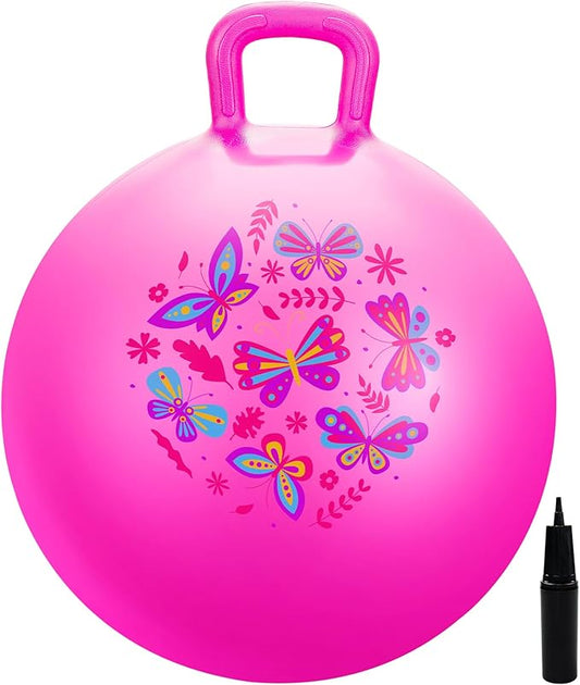 EVERICH TOY Hopper Ball, Pink Butterfly Hopping Toys for Kids, 18 Inch Bouncy Ball with Handle, Indoor Outdoor Inflatable Hoppity Hop Toy for Girls Boys Gift with Pump