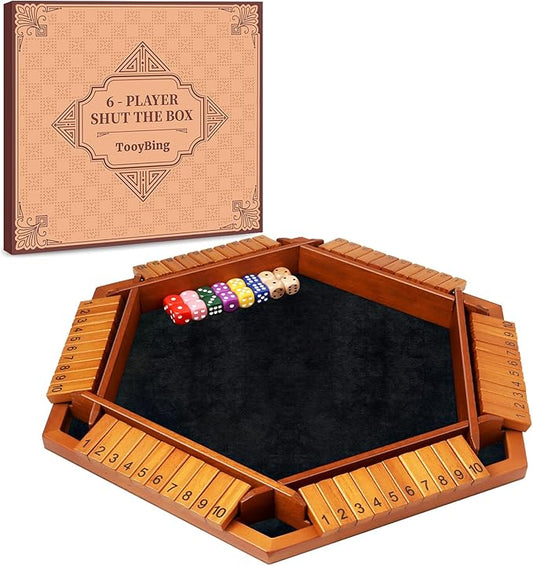 Upgraded 1-6 Players Shut The Box Dice Game, Wooden Board Table Family Game for Kids and Adults with 16 Dice, Classic Tabletop Math Game for Pub Classroom Party, Gift for Christmas Birthday