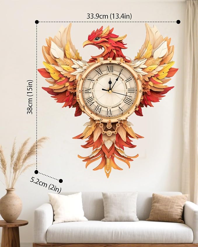3D Wooden Puzzles for Adults, Phoenix Wall Clock DIY Set, Beginner 37 Pcs Wooden Puzzles, Creative Gift Ideas for Adults Teens