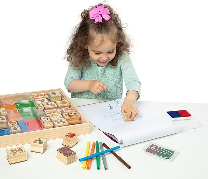 Melissa & Doug Deluxe Wooden Stamp Set: Animals - 30 Stamps, 6 Markers, 2 Stamp Pads