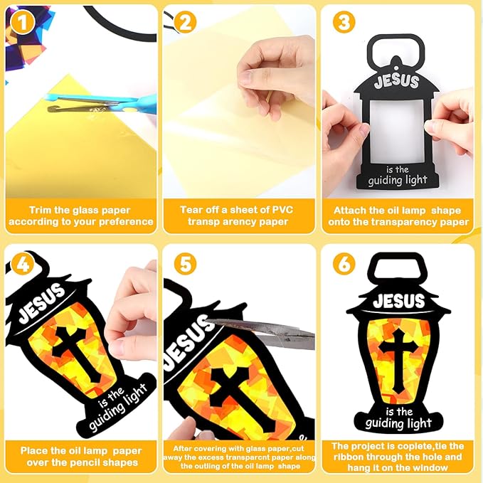 32 Sets Jesus is the Guiding Light Suncatchers Craft Kit DIY Window Stained Glass Effect Religious VBS Paper Craft Home School Classroom Decoration Kid Birthday Gift Creative Art Project Activity Game