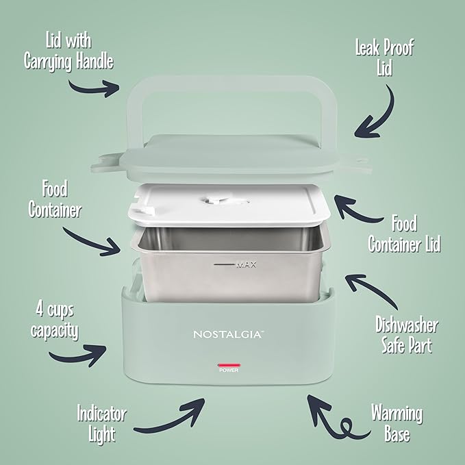 Nostalgia 32-Ounce Heated Electric Lunch Box – Travel Size 4 Cup Capacity for Soup, Pasta, and Leftovers – Leak-Proof Silicone Sealed Lid, Foldable Carry Handle, Detachable Cord – Sage
