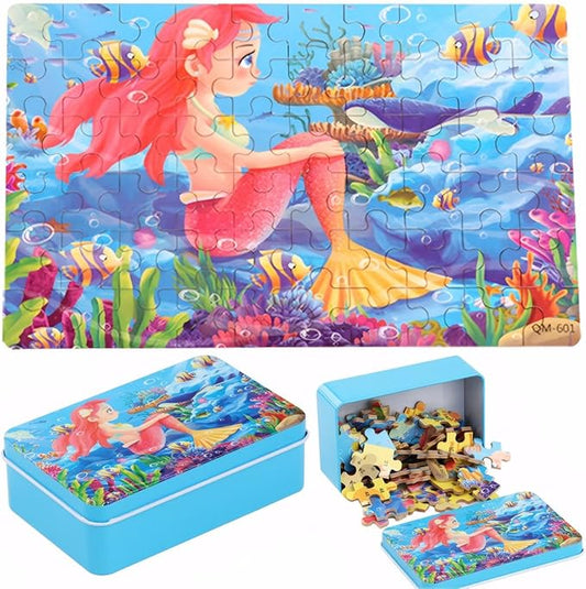 Wooden Puzzles for Ages 4-6, Educational Puzzles Toys for Kids, Jigsaw Puzzles in Metal Box, 60 Piece Puzzle Toys for Girls and Boys, Puzzle Gifts for Kids(Mermaid)