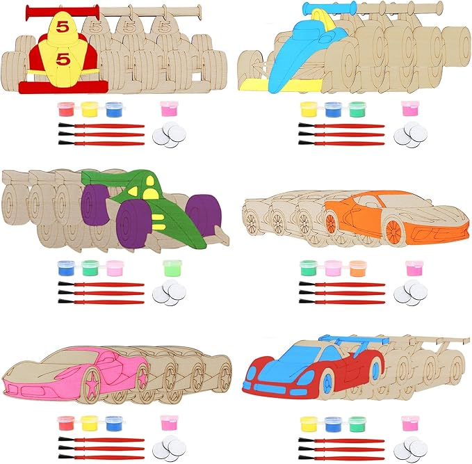 LARDUX Race Car Party Favors, 24PCS DIY Wooden Arts & Crafts Painting Kit for Kids, Glow in The Dark Party Favors Family Crafts Birthday Party Christmas Gifts Toys for Boys Girls
