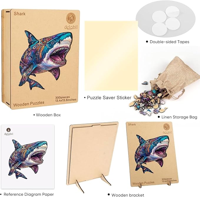 delobil Wooden Puzzles for Adults, Shark Jigsaw Puzzles 300 Pieces, Unique Shape Puzzles with Wooden Box, Family Game Gift, Fun Challenging Puzzles for Adults and Kids 13.4 x 13.5 Inch