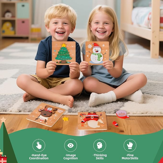 4 Pack Christmas Wooden Puzzles for Kids Toddlers Jigsaw Puzzles Christmas Stocking Stuffers Toys Xmas Party Favors