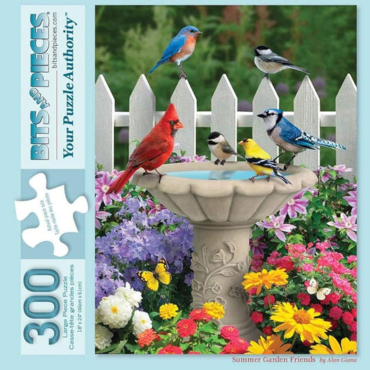 Bits and Pieces – 300 Piece Jigsaw Puzzle for Adults – Summer Garden Friends - Bird Bath Flower Fence Yard Outdoor Animal Jigsaw Puzzle by Artist Alan Giana, Completed Puzzle Size: 18" x 24"