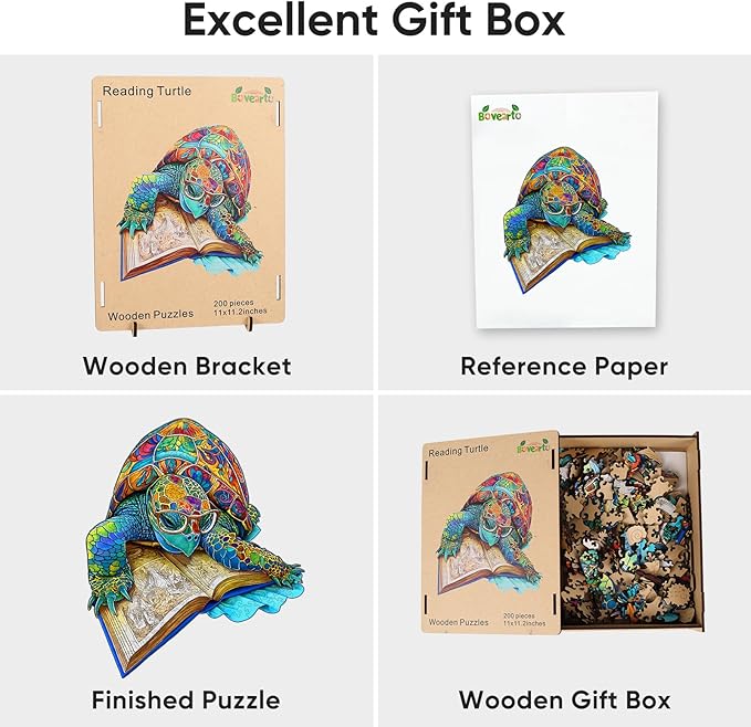 Wooden Puzzles for Adults, 207 Pieces Reading Turtle Wooden Jigsaw Puzzles, Animal Puzzle Unique Shaped Gift for Adults and Kids on Birthday, Thanksgiving, Family Puzzle Games (11''x11.2'')