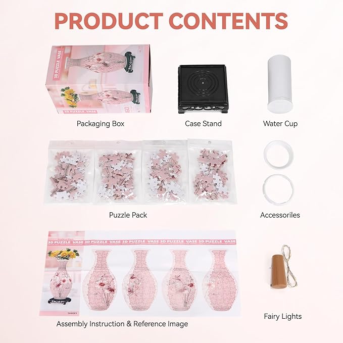 3D Puzzles Vase for Adults, Birthday Gifts for Women, 160 Pieces Plastic DIY Unique Flower Vase with LED Light, Crafts for Adults House Warming Gift for Flower Arrangements and Home Decor (Pink)