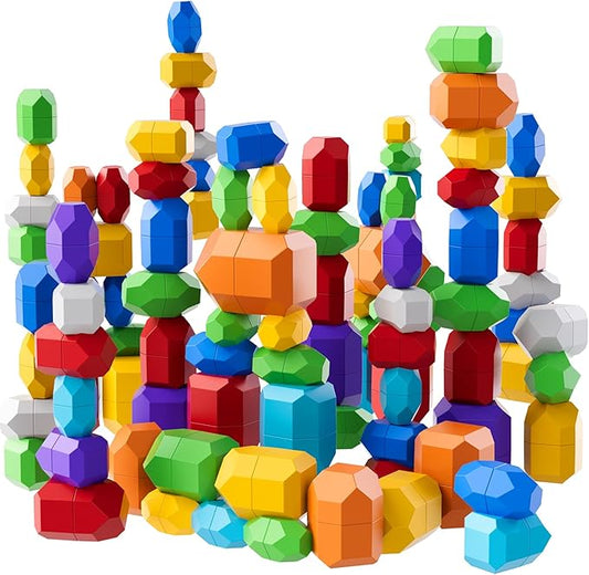 Lucky Doug 50 PCS Extra-Large Stacking Rocks Toys for Age 1-3 2-4, Safe Montessori Stacking Building Blocks Stones Toddlers Toy for 1 2 3 4 Year Old Boy Girl, Sensory Toys Gifts for Kids Age 1-2 2-4