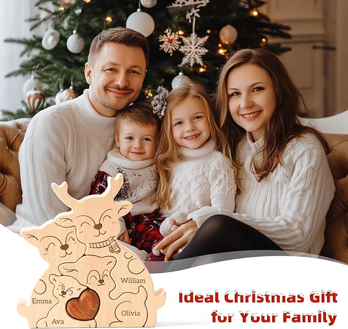 Wooden Elk Family Puzzle, Personalized Puzzles with 2-5 Names, Birthday Christmas Personalized Gifts for Kids Teen Boys Girls Mom Dad Grandma Toddler, Christmas Thanksgiving Decor Gifts