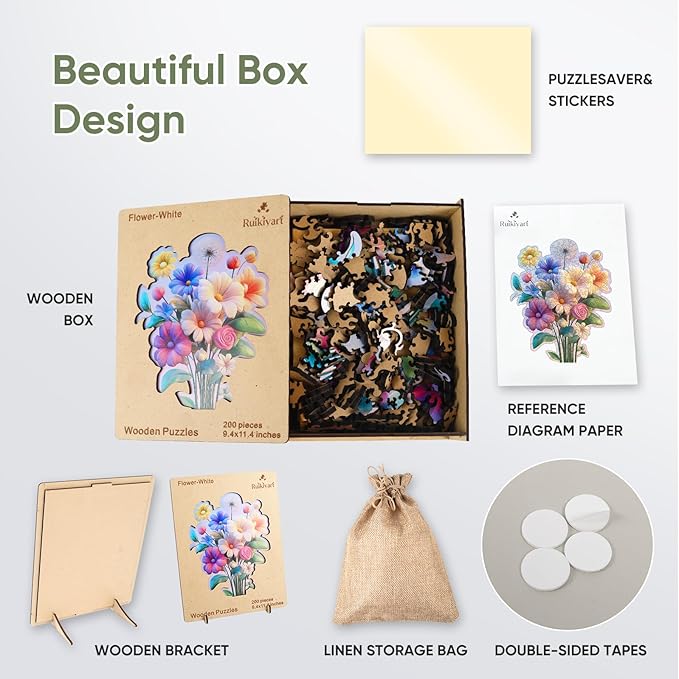 Ruikiyart Wooden Puzzles for Adults, 5MM 200 Pieces Flower Wooden Jigsaw Puzzles, Floral Puzzle Unique Shaped Gifts for Adults and Kids on Thanksgiving, Christmas Family Puzzle Games (9.4"*11.4")