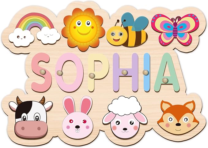 Name Puzzle for Kids Personalized, Custom Wooden Name Animal Puzzle, Montessori Learning Toys for Toddler 1-3, First Birthday Gifts for Girls&Boys