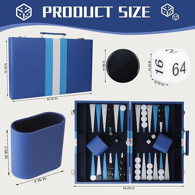 Froggod 15 inch Backgammon Sets for Adults - Classic Board Game for Adults - Portable Travel Backgammon Set for 2 Players - Perfect Adult Board Games for Gifts & Family Fun(Vivid Blue)