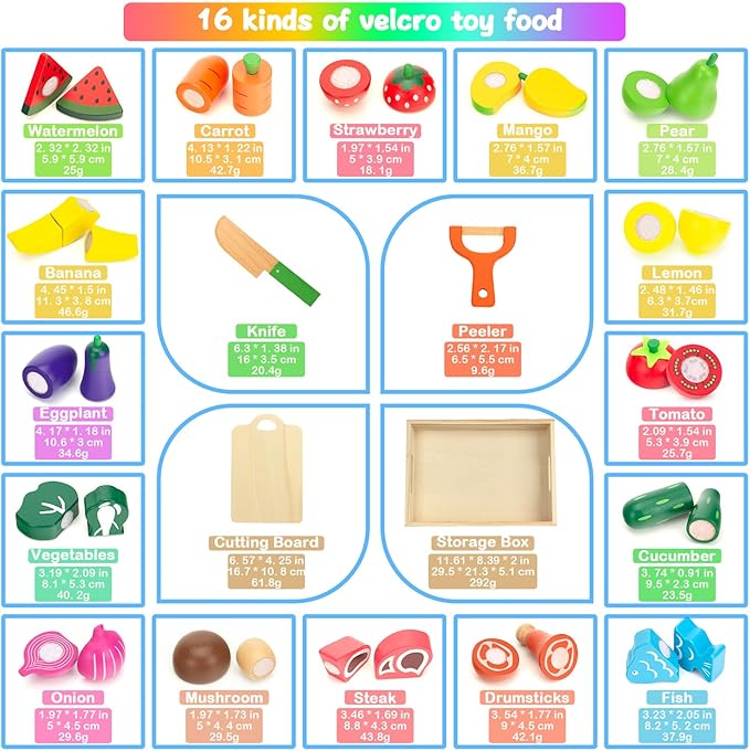 Wooden Play Food Sets for Kids Kitchen - Cutting Fruits and Veggies Toddler Toys Pretend Food Play Kitchen Accessories Montessori Educational Toys Gifts for Kids Boys Girls 3+