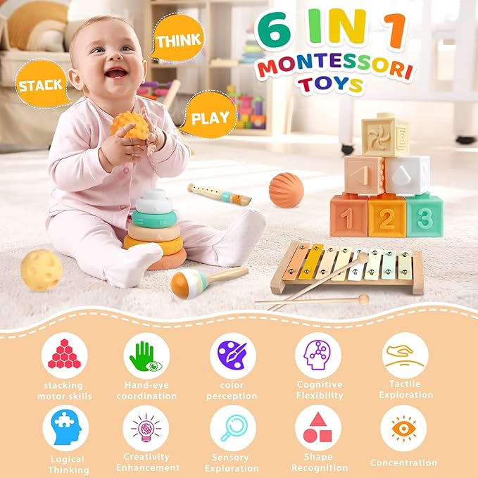 Montessori Toys for 6 Month Old 1+ Year Old 6 in 1 Musical Instruments for Toddler Stacking Blocks Rings Development Learning Educational Toy with Wooden Xylophone for 6 7 8 9 Months 1 Year Old Baby