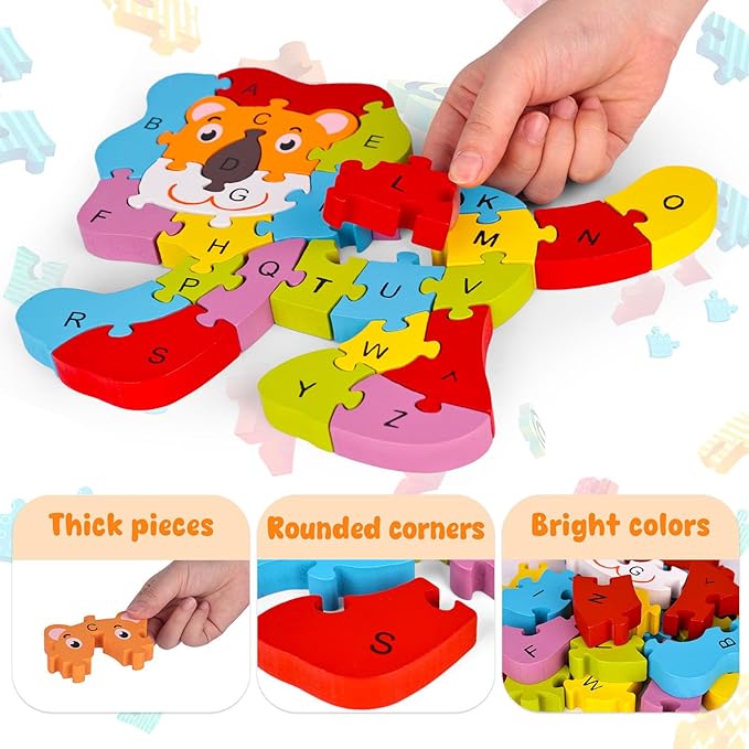 LovesTown Wooden Puzzle Learning Toys Alphabet Number Building Blocks Educational Gift for Preschool Kids Animal Lion Jigsaw 26 PCS