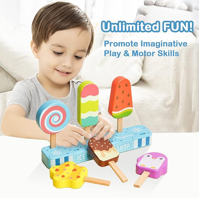Wooden Ice Cream Toy for Kids, Toddler Pretend Play Food Ice Lolly Pops Set, Preschool Educational Toys and Gifts for Kids Age 3 4 5 6 Years Old