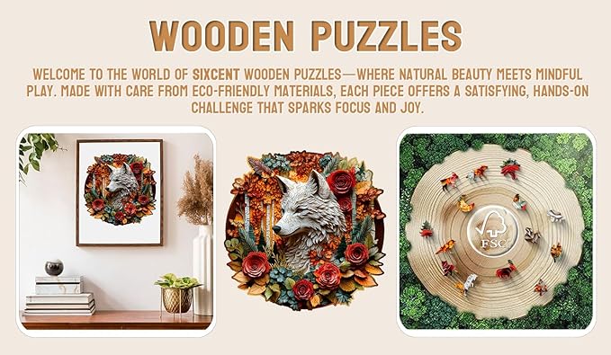 Wooden Jigsaw Puzzle, 200-500 Pieces Unique Shape Animal Puzzle, for Adults & Kids, Birthday Gift Family Game, Decorative Puzzle, Unique Gift (Autumn Wolf, 300 PCS)