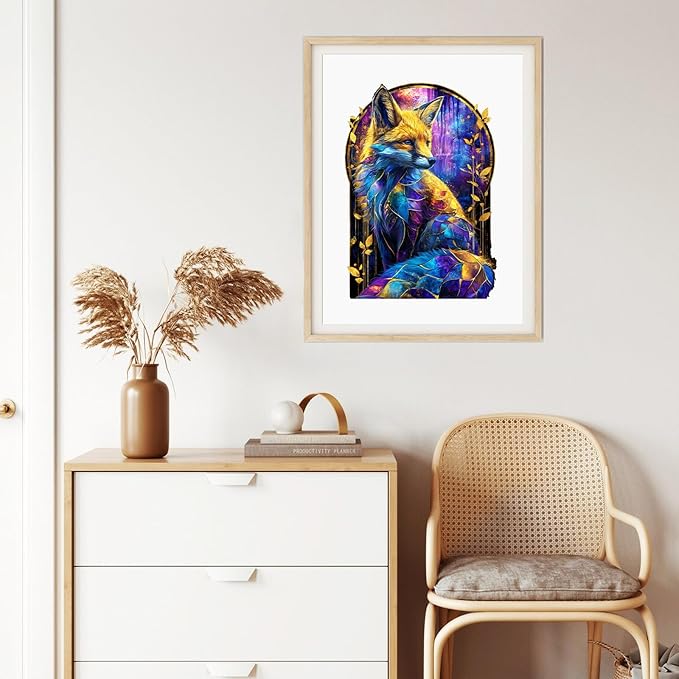 Wooden Puzzles for Adults, Luminous Fox Jigsaw Puzzle 300pcs, 9x12.9in, Unique Shape Wood Puzzles Adult, Creative Gift for Kids Family Game