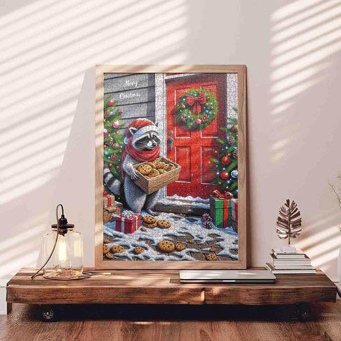 1000 Piece Jigsaw Puzzles for Adults Raccoon Christmas Gift Delivery Jigsaw Puzzle Animal/Wildlife 1000 Pieces Puzzles Family Fun Game DIY Craft Bedroom Decor Christmas Tree Puzzle Art Festival Gift